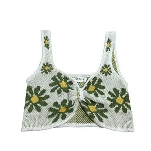 Storia Green Yellow Cream 70s Flower Crop Top Sweater Tank Women’s Sz Small